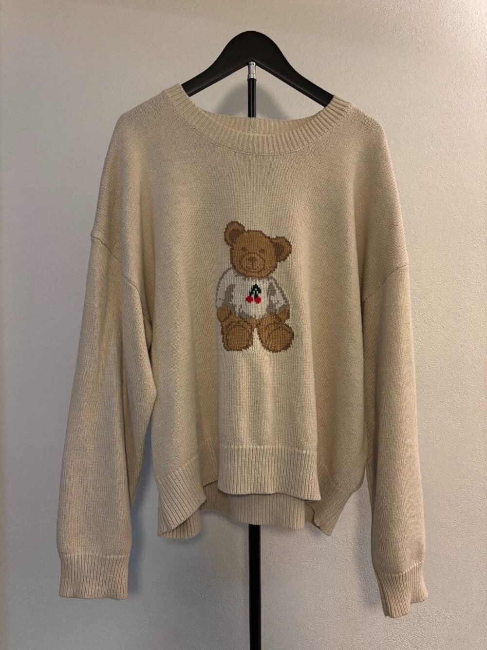 Lel Lis teddy bear with cherry graphic sweater size large